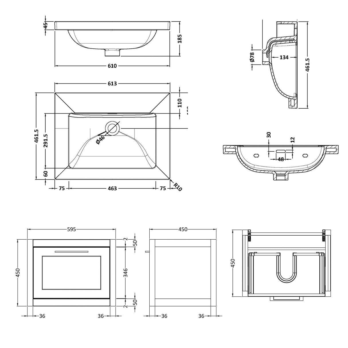 Traditional Bathroom Wall Hung Vanity with Modern Fireclay Basin Unit - Choice of Size, Colour and Basin Type