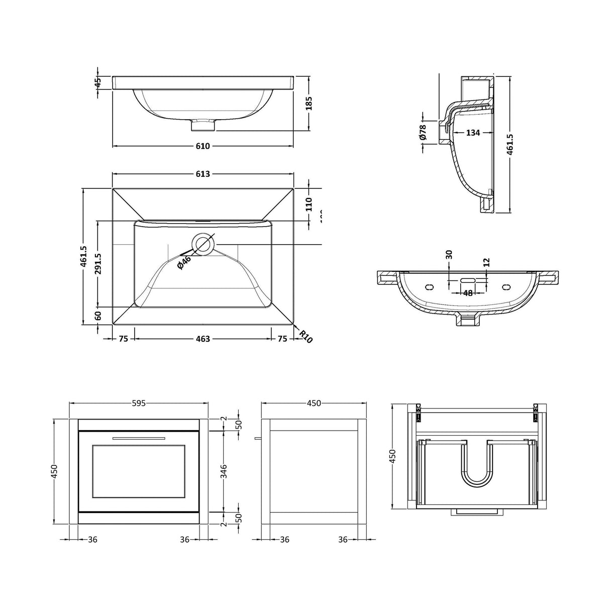 [BFCR894K] Blithbury Traditional Bathroom Wall Hung Vanity with Modern Fireclay Basin Unit - Choice of Size, Colour and Basin Type - Technical Drawing