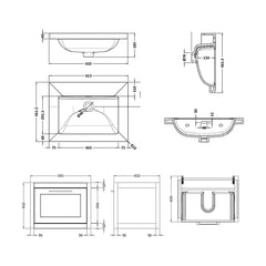 [BFCR894K] Blithbury Traditional Bathroom Wall Hung Vanity with Modern Fireclay Basin Unit - Choice of Size, Colour and Basin Type - Technical Drawing