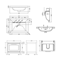 [BFCR894M] Blithbury Traditional Bathroom Wall Hung Vanity with Modern Fireclay Basin Unit - Choice of Size, Colour and Basin Type - Technical Drawing