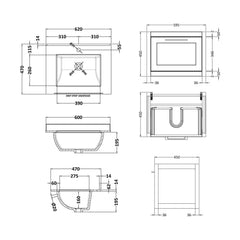 [BFCR894WS1] Blithbury Traditional Bathroom Wall Hung Vanity Unit and Marble Worktop Basin - Choice of Size and Colour - Technical Drawing