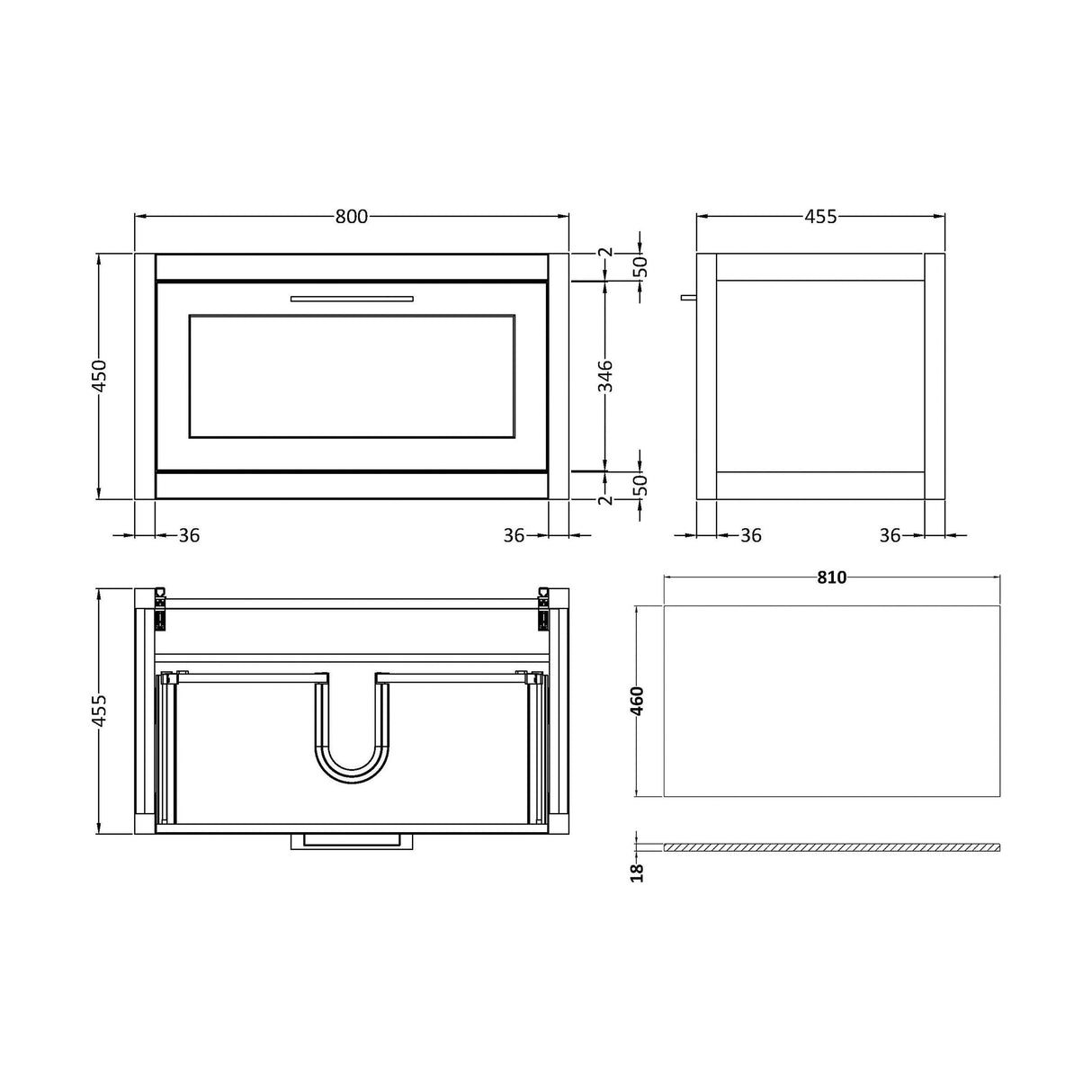 [BFCR896CMT] Blithbury Traditional Bathroom Wall Hung Vanity Unit and Worktop - Choice of Size and Colour - Technical Drawing