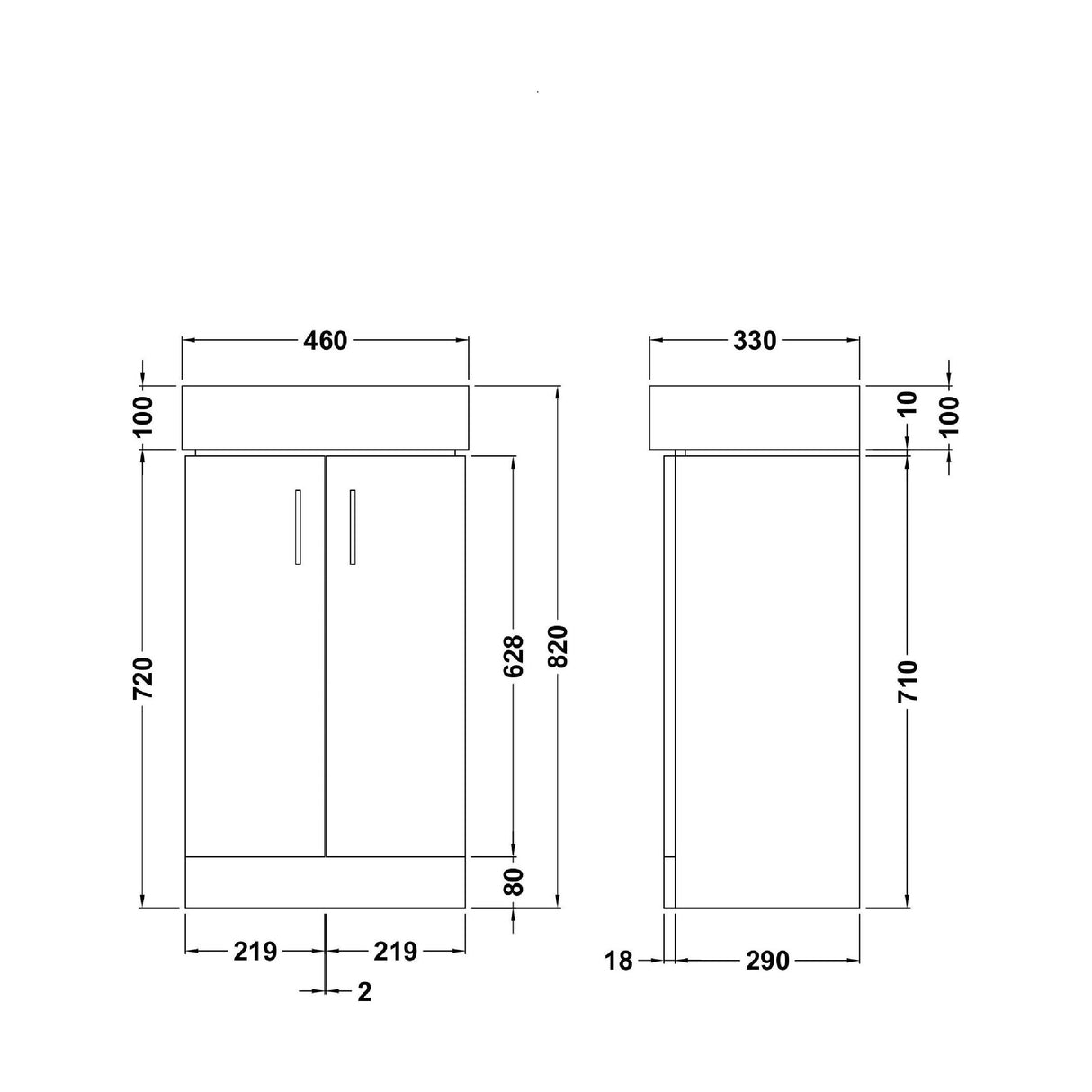 [BFCRF450] Two Door Cloakroom Vanity Ceramic Basin Unit in Gloss White Finish - Technical Drawing