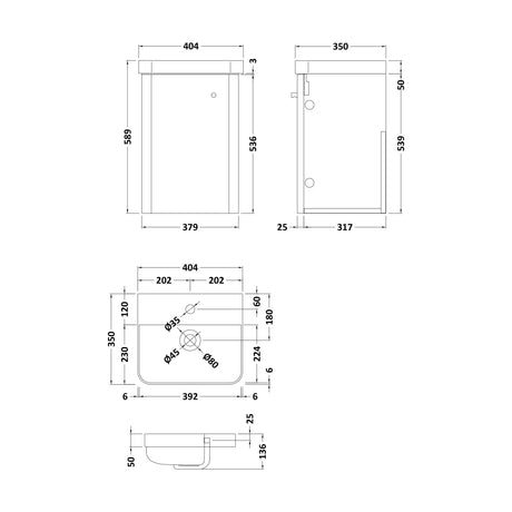 [BFCU10133] Balterley Curve Modern Bathroom Wall Hung 1 Door Vanity Unit Basin, Gloss White, 400mm - Technical Drawing