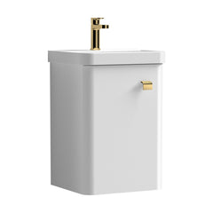 [BFCU1013] Balterley Curve Modern Bathroom Wall Hung 1 Soft Close Door Vanity Unit & Ceramic Basin, Gloss White/Brushed Brass, 379mm - Cutout
