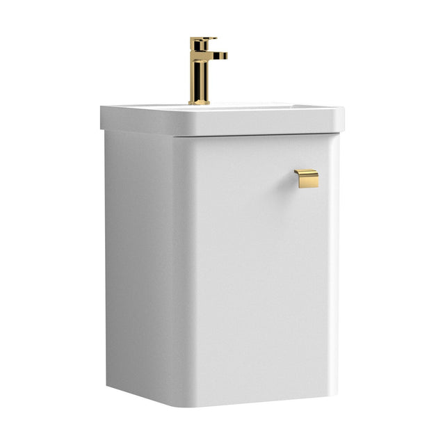[BFCU1013] Balterley Curve Modern Bathroom Wall Hung 1 Soft Close Door Vanity Unit & Ceramic Basin, Gloss White/Brushed Brass, 379mm - Cutout