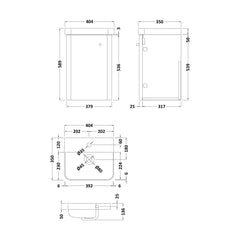 [BFCU1013] Balterley Curve Modern Bathroom Wall Hung 1 Soft Close Door Vanity Unit & Ceramic Basin, Gloss White/Brushed Brass, 379mm - Technical Drawing