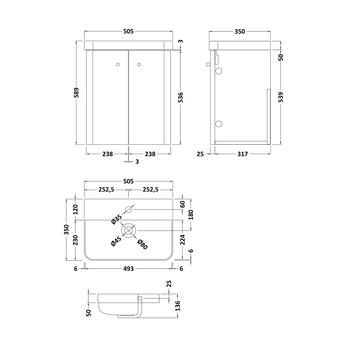[BFCU10317] Balterley Curve Modern Bathroom Wall Hung 2 Door Vanity Unit Basin, Gloss White, 500mm - Technical Drawing