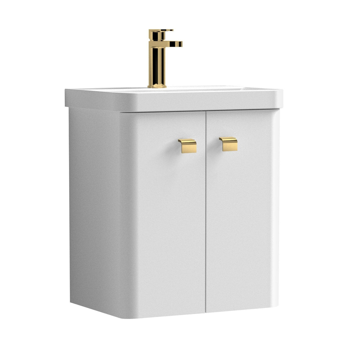 [BFCU1033] Flashbrook Wall Hung Vanity Unit with Ceramic Basin, Gloss White with Brushed Brass Handles, Choice of Size - Cutout