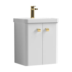[BFCU1033] Flashbrook Wall Hung Vanity Unit with Ceramic Basin, Gloss White with Brushed Brass Handles, Choice of Size - Cutout