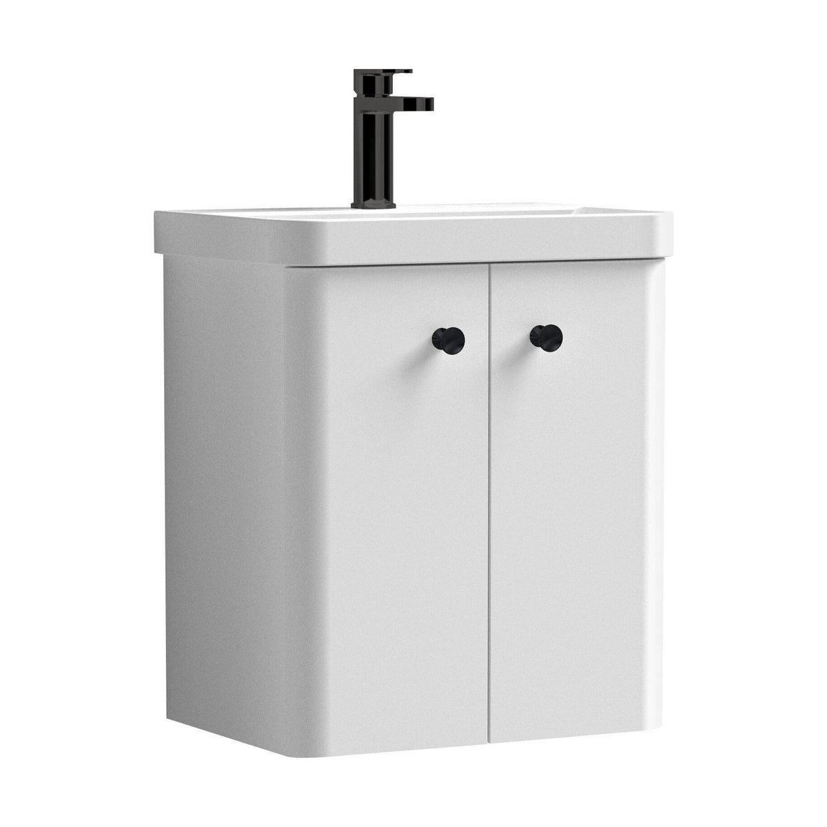 [BFCU1035] Flashbrook Wall Hung Vanity Unit with Ceramic Basin, Gloss White with Matt Black Handles, Choice of Size - Cutout