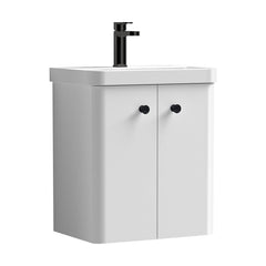 [BFCU1035] Flashbrook Wall Hung Vanity Unit with Ceramic Basin, Gloss White with Matt Black Handles, Choice of Size - Cutout