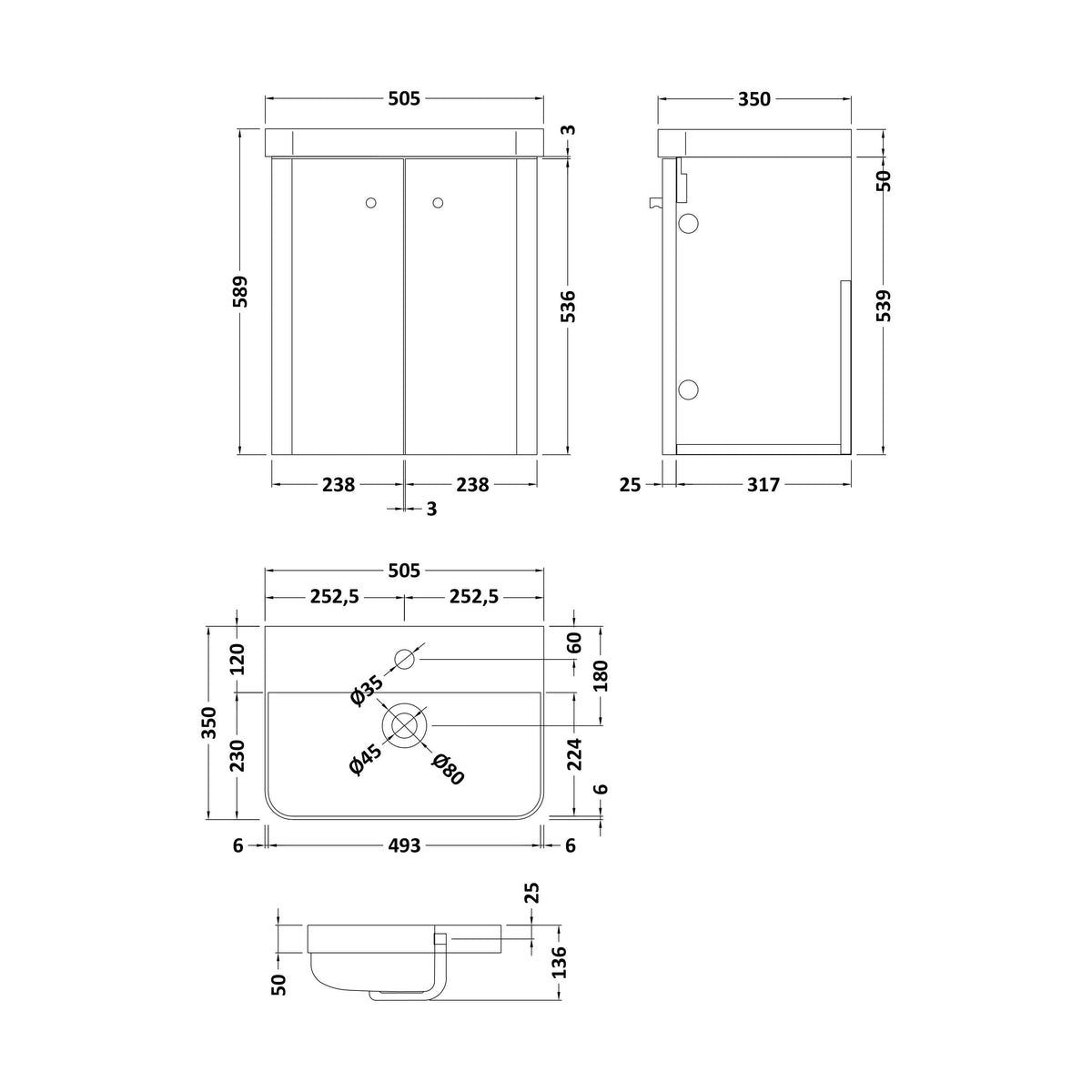 [BFCU1035] Flashbrook Wall Hung Vanity Unit with Ceramic Basin, Gloss White with Matt Black Handles, Choice of Size - Technical Drawing