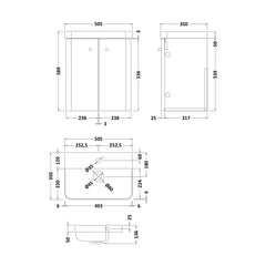 [BFCU1035] Flashbrook Wall Hung Vanity Unit with Ceramic Basin, Gloss White with Matt Black Handles, Choice of Size - Technical Drawing