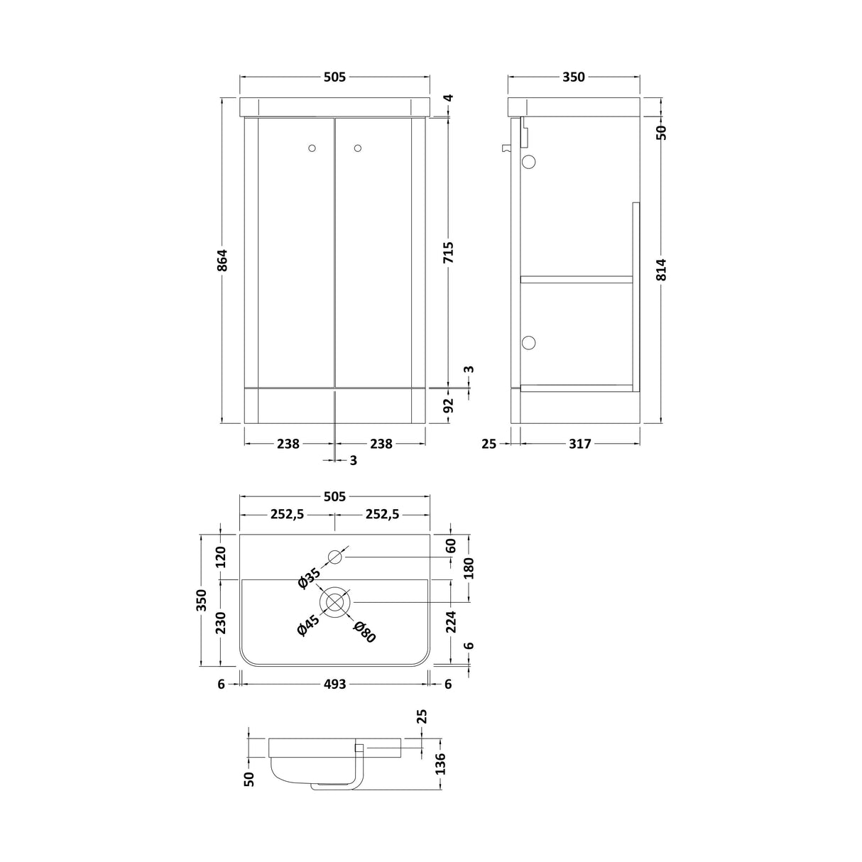 [BFCU104] Flashbrook Contemporary Floor Standing 2 Door Vanity Unit with 1 Tap Hole Ceramic Basin - Choice of Size and Finish - Technical Drawing