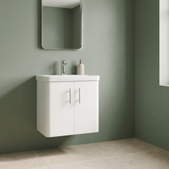 [BFCU10533] Flashbrook Wall Hung 2 Door Vanity Unit with Ceramic Basin, Gloss White with Chrome Handles, Choice of Size - Lifestyle 1