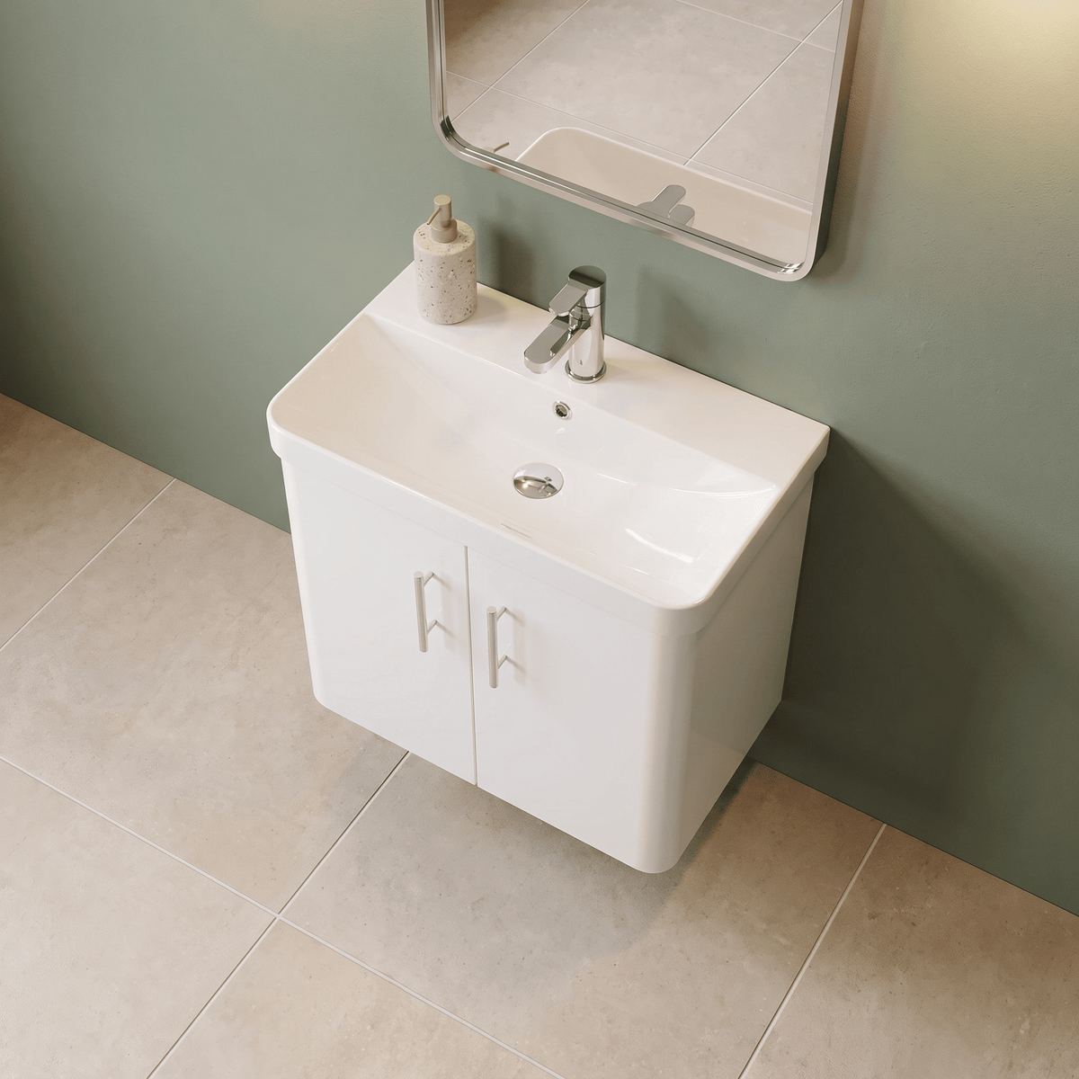 [BFCU10533] Flashbrook Wall Hung 2 Door Vanity Unit with Ceramic Basin, Gloss White with Chrome Handles, Choice of Size - Lifestyle 2