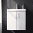 [BFCU10533] Flashbrook Wall Hung 2 Door Vanity Unit with Ceramic Basin, Gloss White with Chrome Handles, Choice of Size - Studio Shot