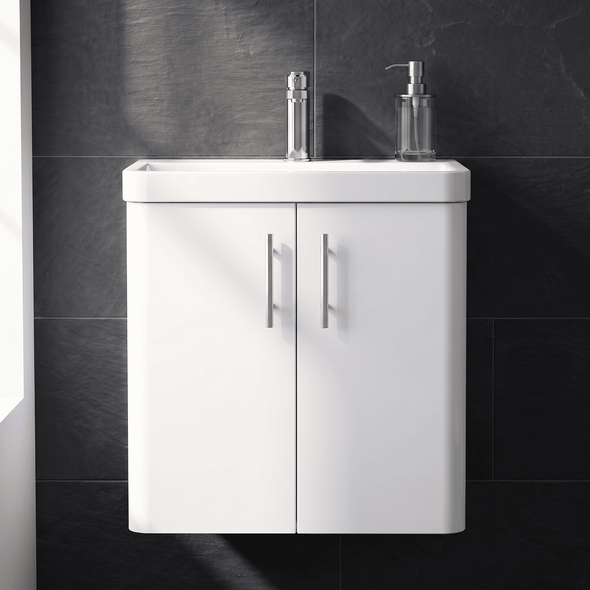 [BFCU10533] Flashbrook Wall Hung 2 Door Vanity Unit with Ceramic Basin, Gloss White with Chrome Handles, Choice of Size - Studio Shot