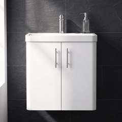 [BFCU10533] Flashbrook Wall Hung 2 Door Vanity Unit with Ceramic Basin, Gloss White with Chrome Handles, Choice of Size - Studio Shot