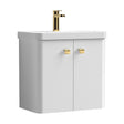 [BFCU1053] Balterley Curve Modern Bathroom Wall Hung 2 Door Vanity Unit Basin, Gloss White/Brushed Brass, 579mm - Cutout