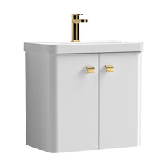 [BFCU1053] Balterley Curve Modern Bathroom Wall Hung 2 Door Vanity Unit Basin, Gloss White/Brushed Brass, 579mm - Cutout