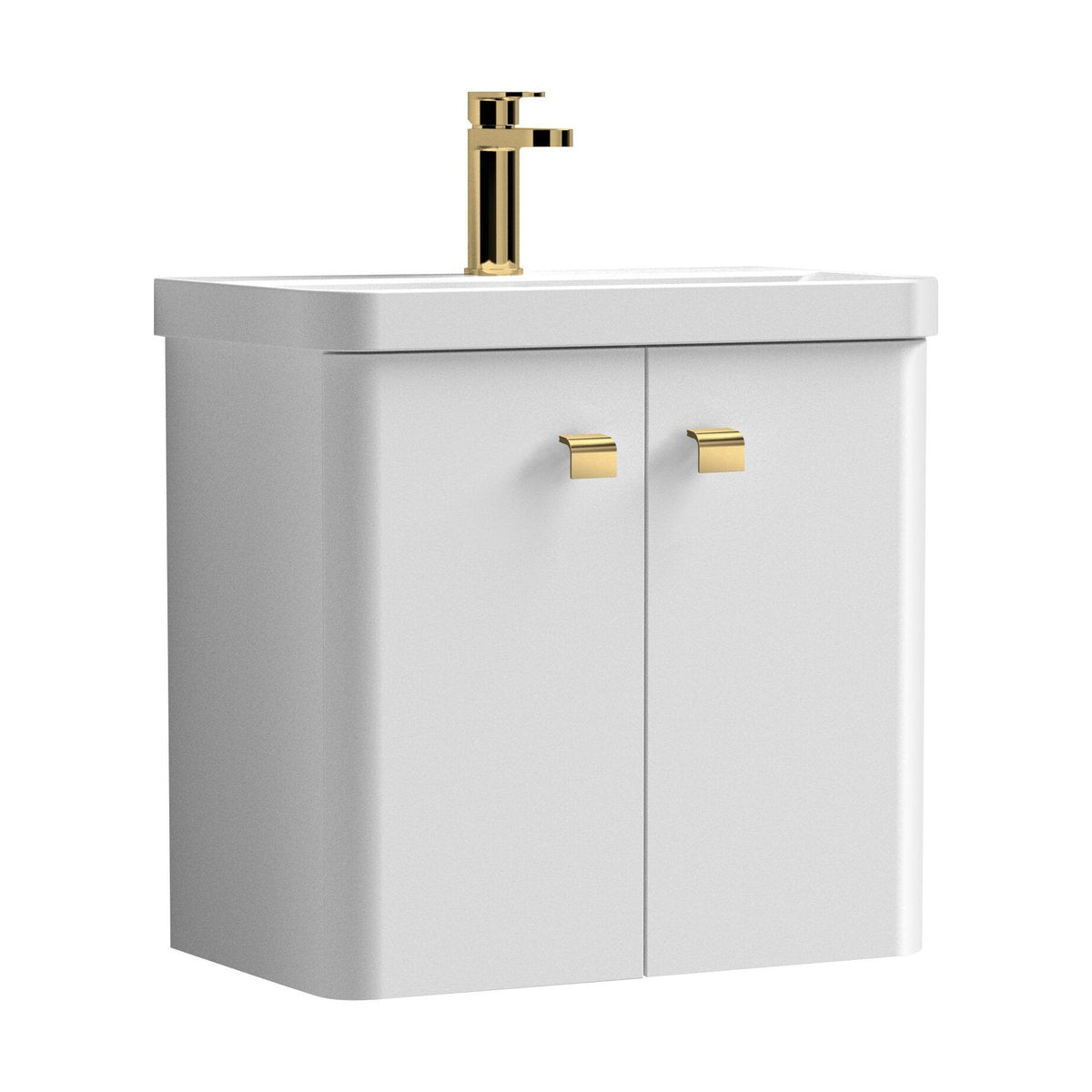 [BFCU1053] Flashbrook Wall Hung Vanity Unit with Ceramic Basin, Gloss White with Brushed Brass Handles, Choice of Size - Cutout
