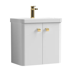 [BFCU1053] Flashbrook Wall Hung Vanity Unit with Ceramic Basin, Gloss White with Brushed Brass Handles, Choice of Size - Cutout
