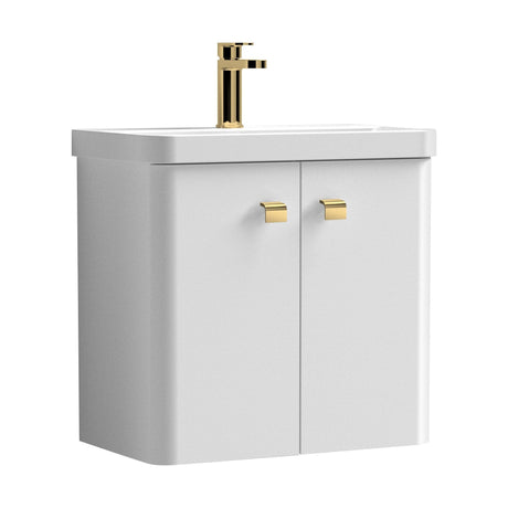 [BFCU1053] Flashbrook Wall Hung Vanity Unit with Ceramic Basin, Gloss White with Brushed Brass Handles, Choice of Size - Cutout