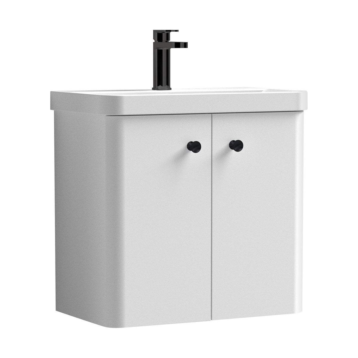 [BFCU1055] Flashbrook Wall Hung Vanity Unit with Ceramic Basin, Gloss White with Matt Black Handles, Choice of Size - Cutout