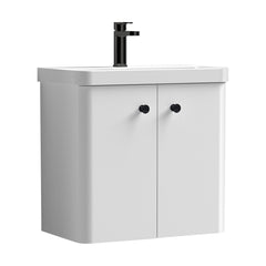 [BFCU1055] Flashbrook Wall Hung Vanity Unit with Ceramic Basin, Gloss White with Matt Black Handles, Choice of Size - Cutout