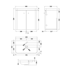 [BFCU1055] Flashbrook Wall Hung Vanity Unit with Ceramic Basin, Gloss White with Matt Black Handles, Choice of Size - Technical Drawing