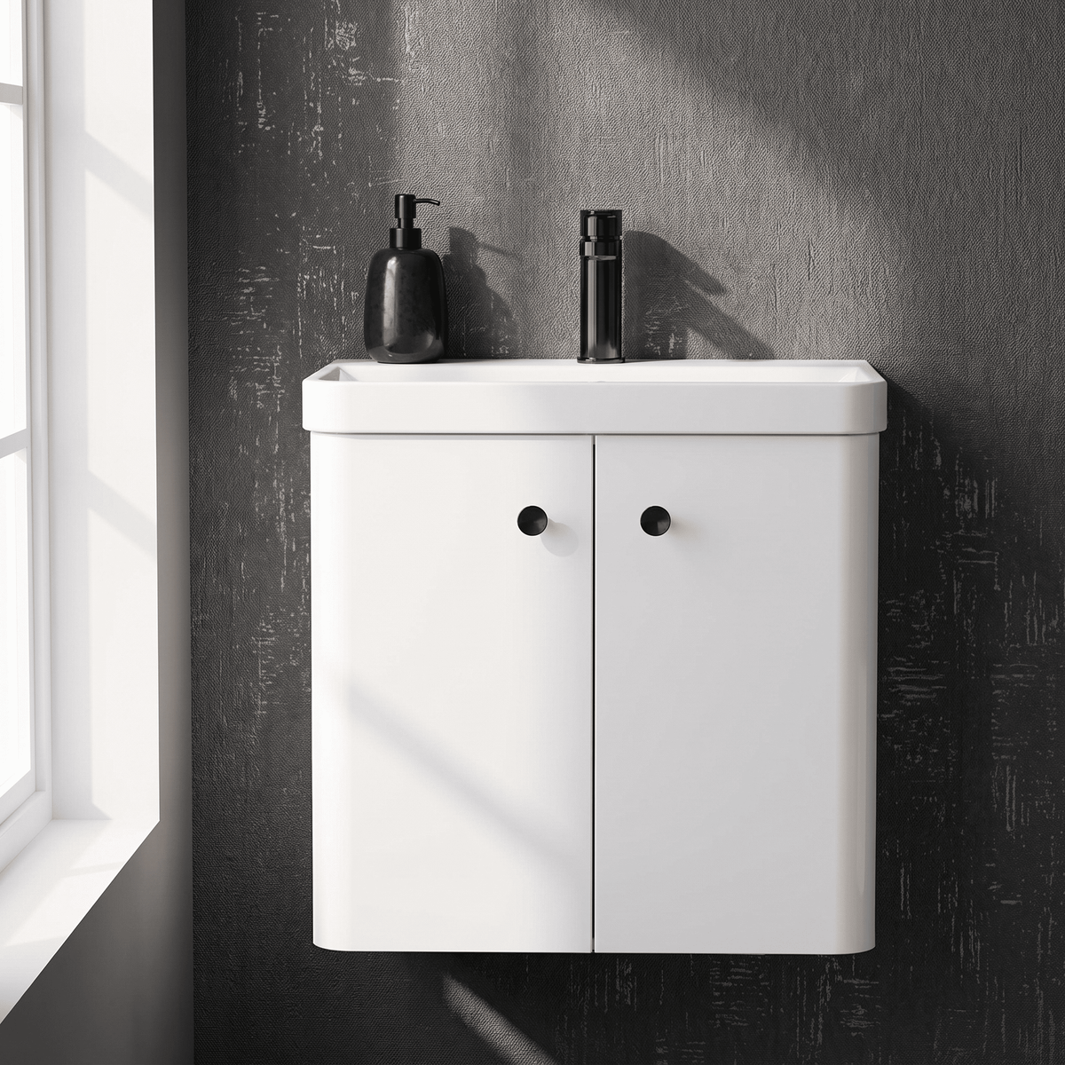 [BFCU1055] Flashbrook Wall Hung Vanity Unit with Ceramic Basin, Gloss White with Matt Black Handles, Choice of Size - Studio Shot