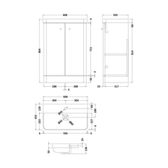 [BFCU106] Flashbrook Contemporary Floor Standing 2 Door Vanity Unit with 1 Tap Hole Ceramic Basin - Choice of Size and Finish - Technical Drawing