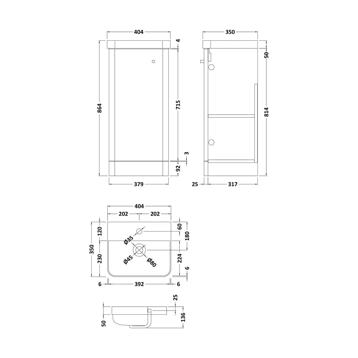 [BFCU1402] Flashbrook Floor Standing 1 Door Vanity Unit with Ceramic Basin - 400mm, Choice of Colour - Technical Drawing