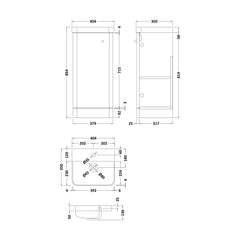 [BFCU1402] Flashbrook Floor Standing 1 Door Vanity Unit with Ceramic Basin - 400mm, Choice of Colour - Technical Drawing