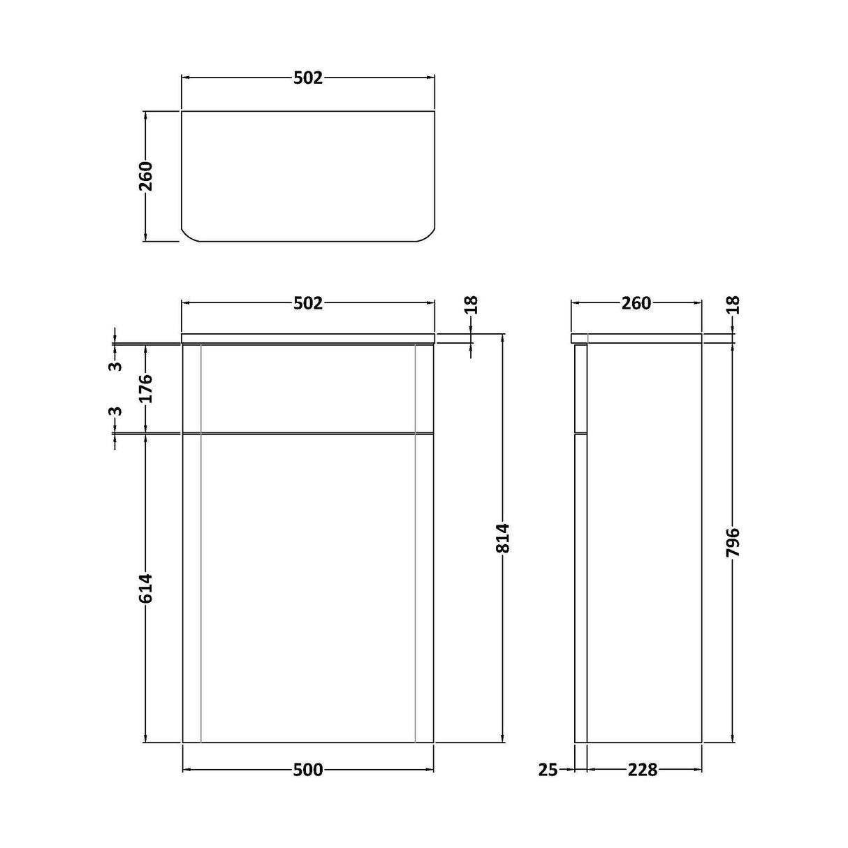 [BFCU141] Flashbrook Contemporary Floor Standing WC Toilet Unit - 500mm - Choice of Finish - Technical Drawing
