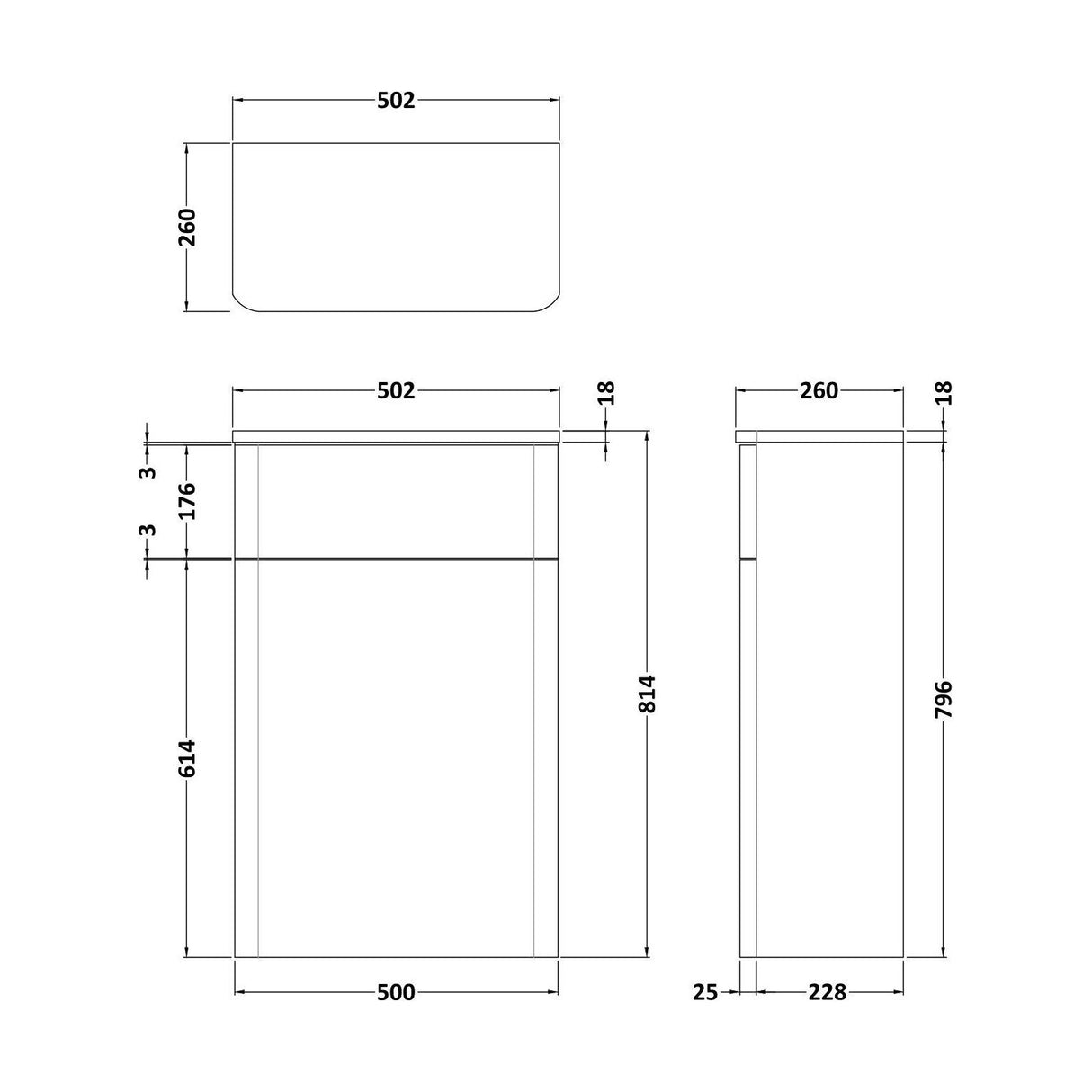 [BFCU1441] Flashbrook Contemporary Floor Standing WC Toilet Unit - 500mm - Choice of Finish - Technical Drawing