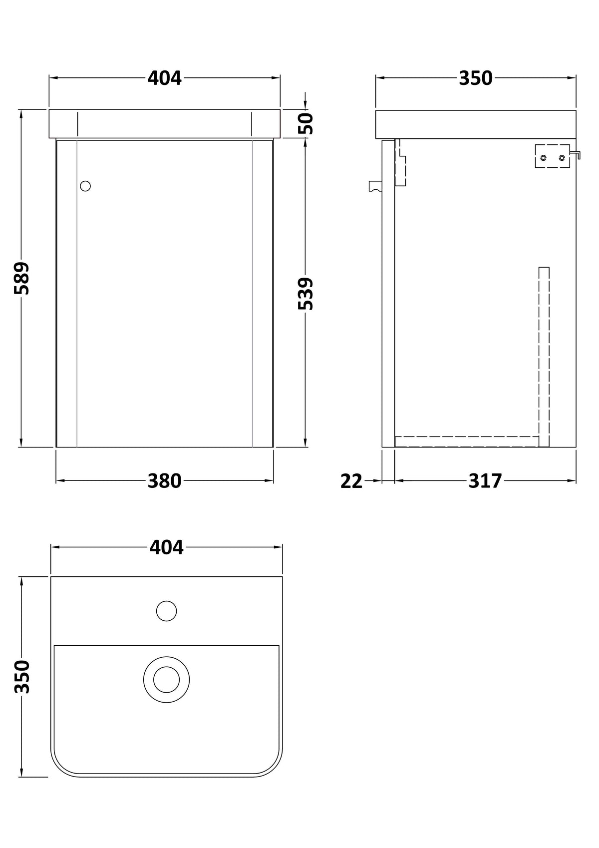 [BFCU1801] Flashbrook Contemporary Wall Hung 1 Door Vanity Unit with Ceramic Sink - 400mm - Technical Drawing