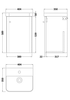 [BFCU1801] Flashbrook Contemporary Wall Hung 1 Door Vanity Unit with Ceramic Sink - 400mm - Technical Drawing