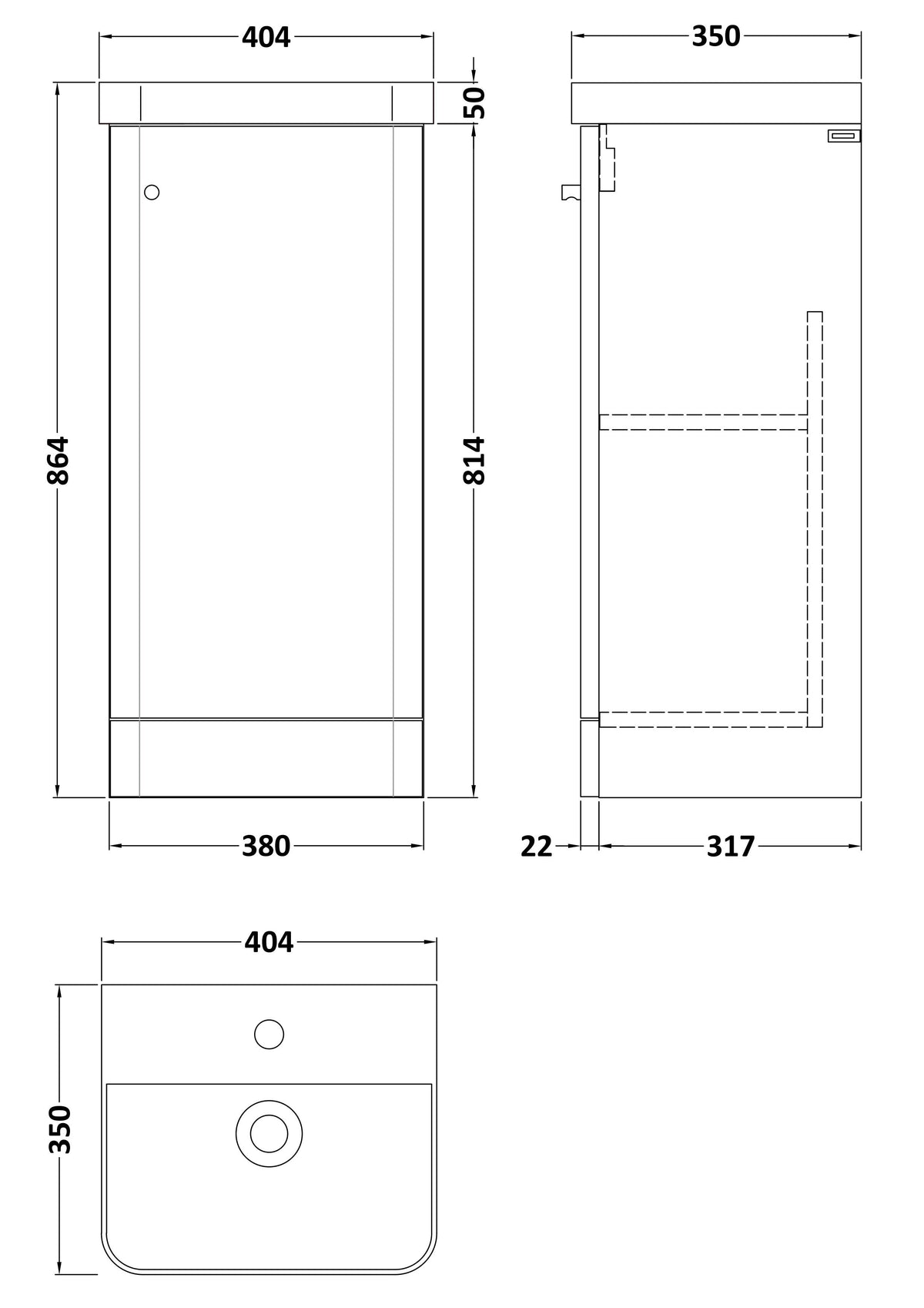 [BFCU1802] Flashbrook Floor Standing 1 Door Vanity Unit with Ceramic Basin - 400mm, Choice of Colour - Technical Drawing
