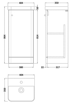 [BFCU1802] Flashbrook Floor Standing 1 Door Vanity Unit with Ceramic Basin - 400mm, Choice of Colour - Technical Drawing