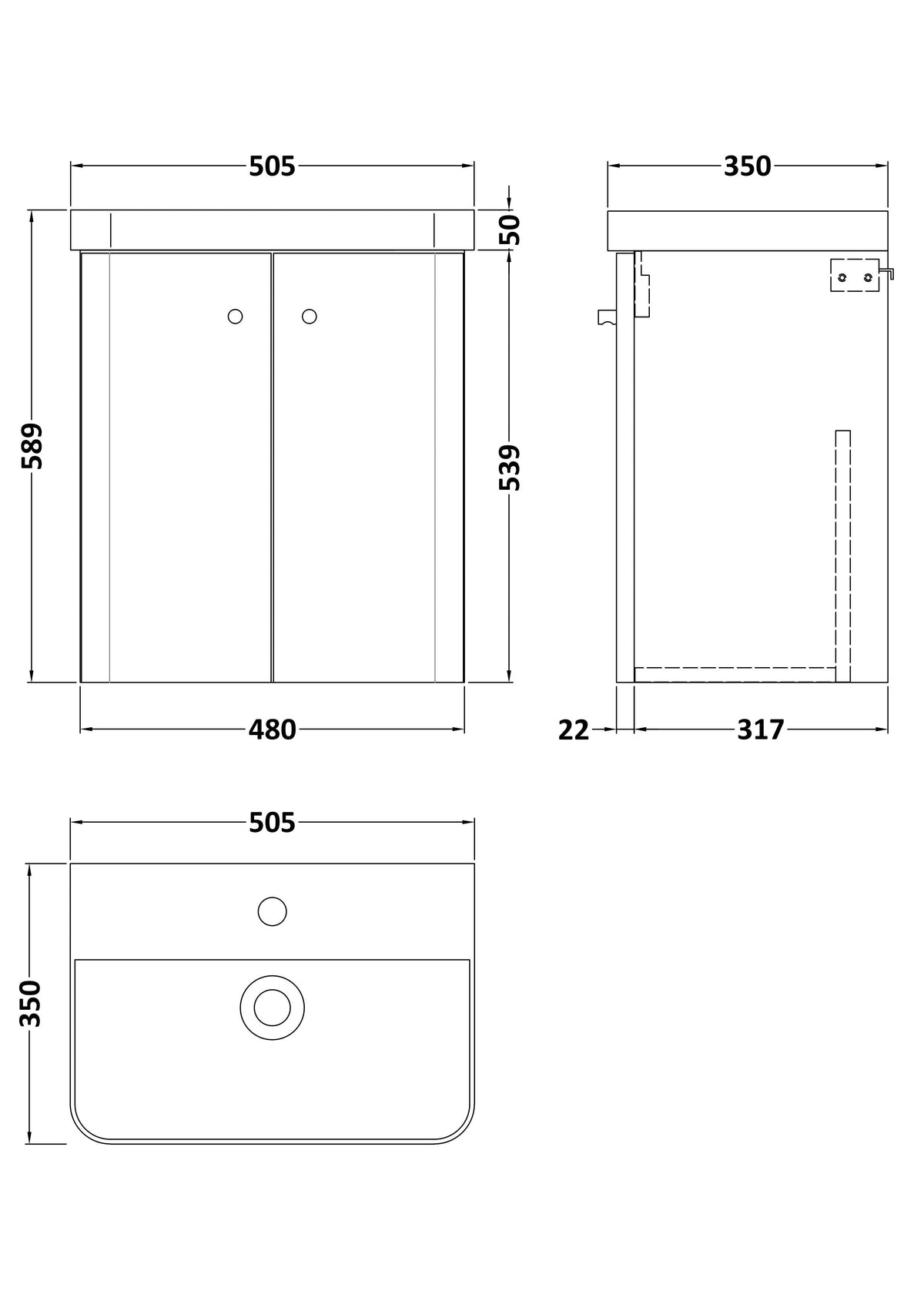 [BFCU1803] Flashbrook Contemporary Wall Hung 2 Door Vanity Unit with 1 Tap Hole Basin, Choice of Size and Colour - Technical Drawing