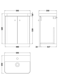 [BFCU1803] Flashbrook Contemporary Wall Hung 2 Door Vanity Unit with 1 Tap Hole Basin, Choice of Size and Colour - Technical Drawing