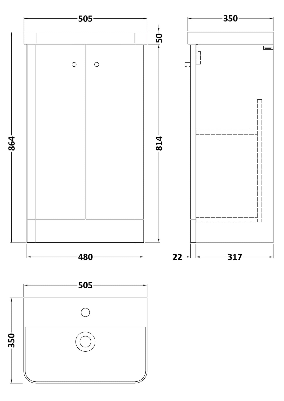 [BFCU1804] Flashbrook Contemporary Floor Standing 2 Door Vanity Unit with 1 Tap Hole Ceramic Basin - Choice of Size and Finish - Technical Drawing