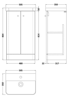 [BFCU1804] Flashbrook Contemporary Floor Standing 2 Door Vanity Unit with 1 Tap Hole Ceramic Basin - Choice of Size and Finish - Technical Drawing