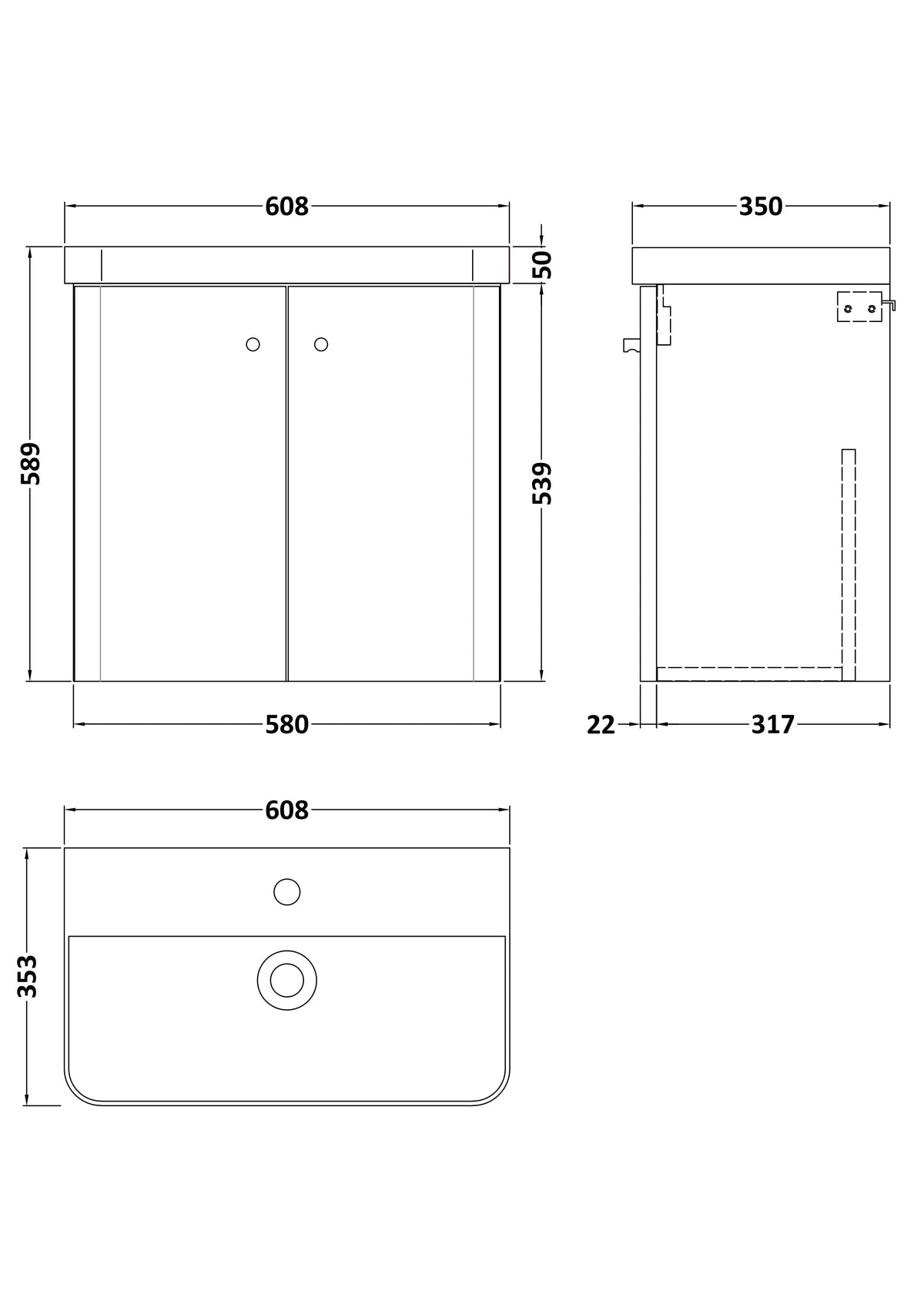 [BFCU1805] Flashbrook Contemporary Wall Hung 2 Door Vanity Unit with 1 Tap Hole Basin, Choice of Size and Colour - Technical Drawing
