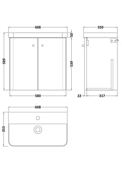 [BFCU1805] Flashbrook Contemporary Wall Hung 2 Door Vanity Unit with 1 Tap Hole Basin, Choice of Size and Colour - Technical Drawing
