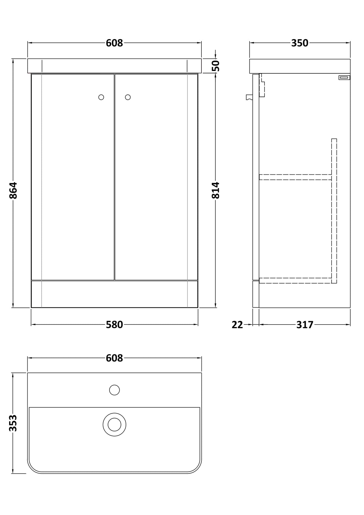 [BFCU1806] Flashbrook Contemporary Floor Standing 2 Door Vanity Unit with 1 Tap Hole Ceramic Basin - Choice of Size and Finish - Technical Drawing