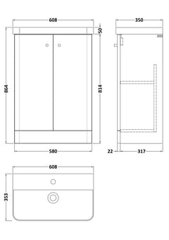[BFCU1806] Flashbrook Contemporary Floor Standing 2 Door Vanity Unit with 1 Tap Hole Ceramic Basin - Choice of Size and Finish - Technical Drawing
